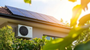 Maison équipée de pompes à chaleur et de panneaux photovoltaïque