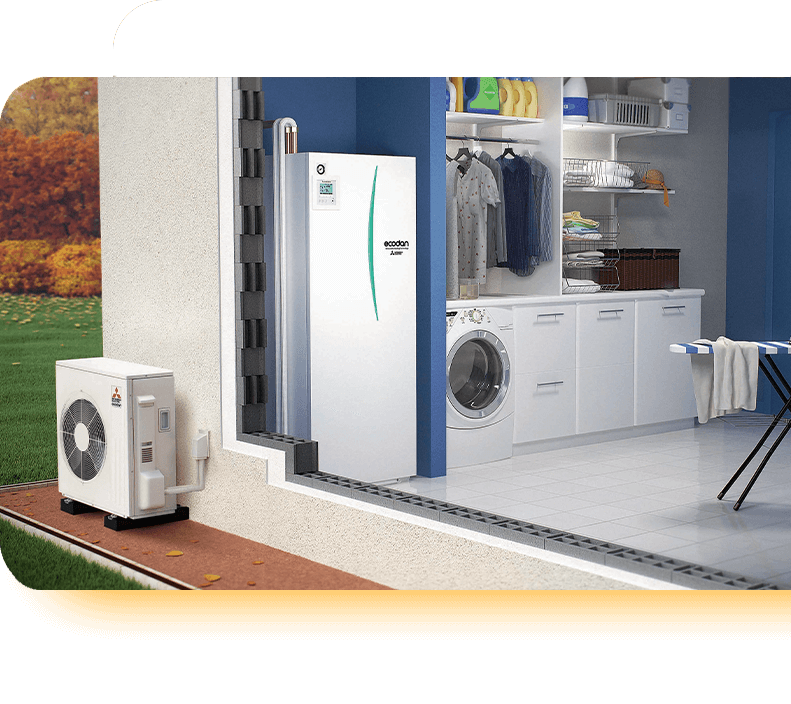Image montrant comment fonctionne visuellement une pompe à chaleur avec à l'extérieur l'évaporateur et à l'intérieur la pompe à chaleur