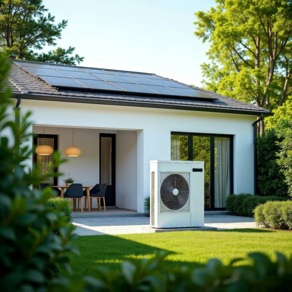 Maison moderne équipée de panneaux photovoltaïques sur le toit et d’une pompe à chaleur extérieure, vue de l’extérieur.